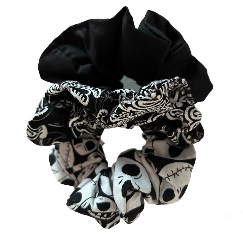 NWT Handcrafted Scrunchie Set | 3-Pack | Halloween + Black/White + Solid Black